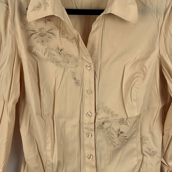 Conrad C Top Blouse Size 12 Beige Floral Long Sleeve Collared Button Down - Picture 3 of 9